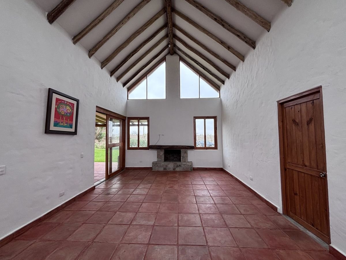 Sala con chimenea de piedra y techo a dos aguas con vigas de madera